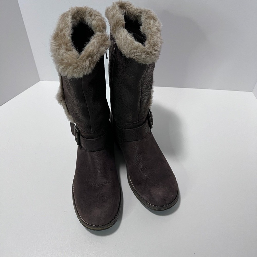 Clarks US 2M EU 33.5 Brown Leather Boots Zipper Faux Fur Buckle - Picture 3 of 10